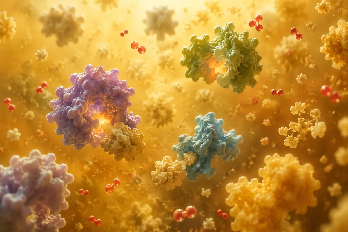 Illustration of enzyme molecules suspended in a liquid with small oxygen molecules around them, showing an oxygen-driven enzyme reaction in solution